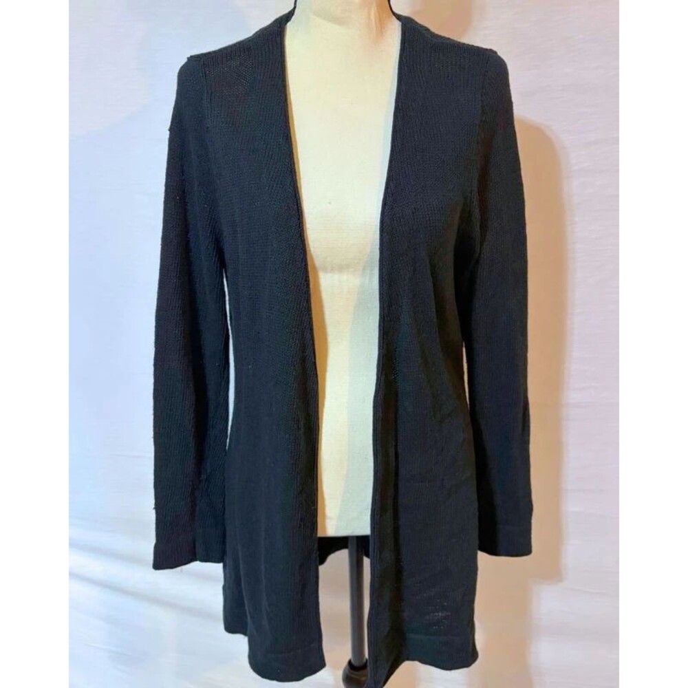 Moda International Black Linen Cotton Open Cardigan Size M Long Knit Duster